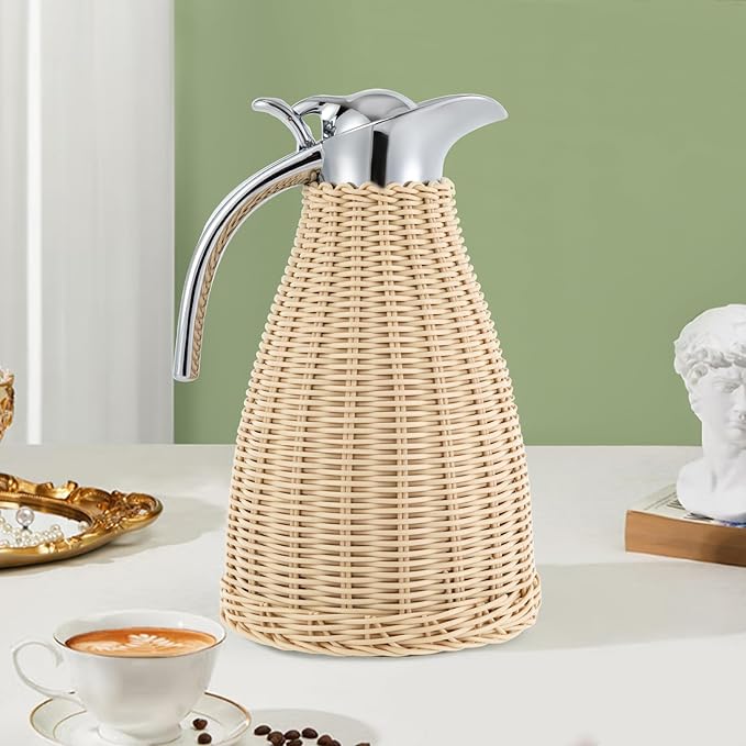 Stainless Steel Coffee Thermal Jug 1.5L/0.4 Gal Beige Rattan Double Walled Vacuum Insualted Jug Thermal Carafe with Handmade Rattan Body for Hot Liquids Keeping Hot for Home Coffee Shop