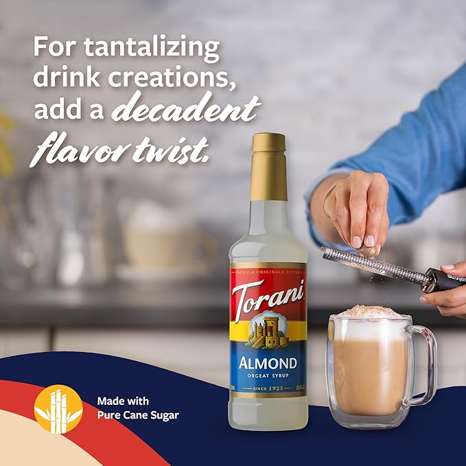 Torani Coffee Syrup, Almond Orgeat Flavored Syrup for Drinks, Pump Included, 25.4 Fl Oz