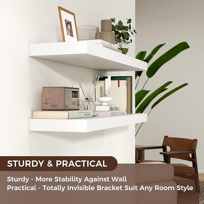 Floating Shelves for Wall, Engineered Wood Wall Shelves with Invisible Brackets for Living Room Bedroom Bathroom Office Kitchen Decor and Storage (White, 48" W x 9" D x 1.5" H) Set of 2