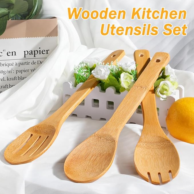 IOOLEEM Bamboo Wooden Spoons for Cooking 6 Pcs 12 Inch, Non-Stick Wooden Kitchen Utensils Set, Natural and Durable Wooden Spatula Spoons for Non-Stick Pan for Cooking