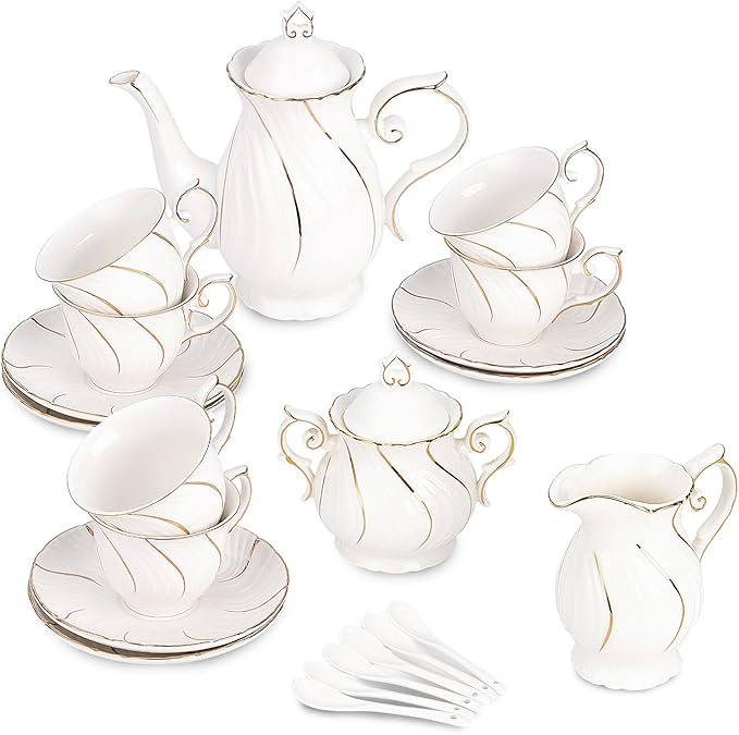 Tea Set 21-Piece Porcelain tea cups and saucers set of 6 with Sugar and Creamer Set & Teapot,teapot set for Adults, Women Tea Party,White