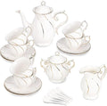Tea Set 21-Piece Porcelain tea cups and saucers set of 6 with Sugar and Creamer Set & Teapot,teapot set for Adults, Women Tea Party,White