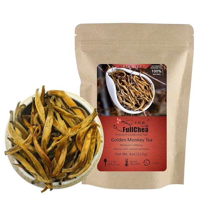 FullChea - Imperial Golden Monkey Black Tea - Yunnan Loose Leaf - Naturally Roasted Nuts Flavor - 4oz / 113g