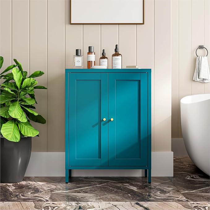 Metal Bathroom Cabinet, Small Floor Storage Cabinet, Freestanding Sideboard with 2 Adjustable Shelves for Living Room, Dinging Room (Blue, 31.5" H-2 Doors)