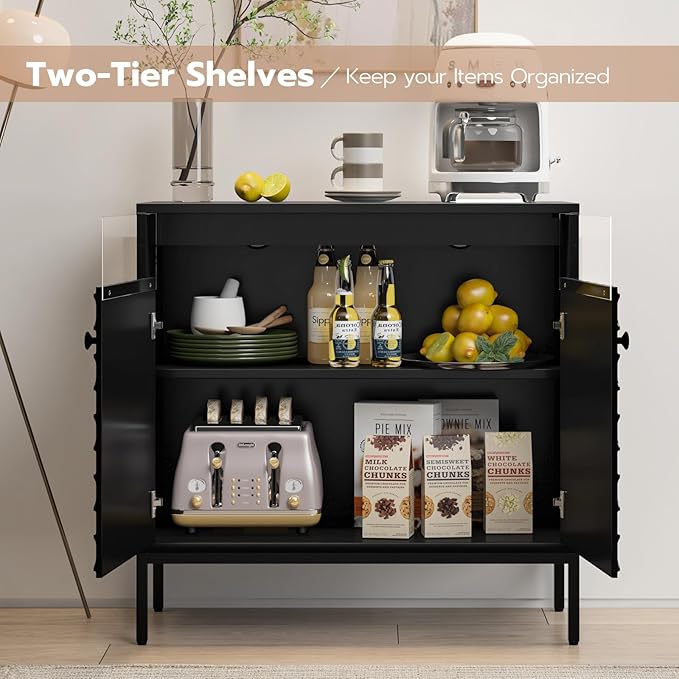 Sideboard Buffet Cabinet 31'' with Storage and Power Outlet, Modern Coffee Bar Accent Cabinet with 2 Doors and Adjustable Shelves, Console Table for Dining Room, Living Room, Kitchen, Black