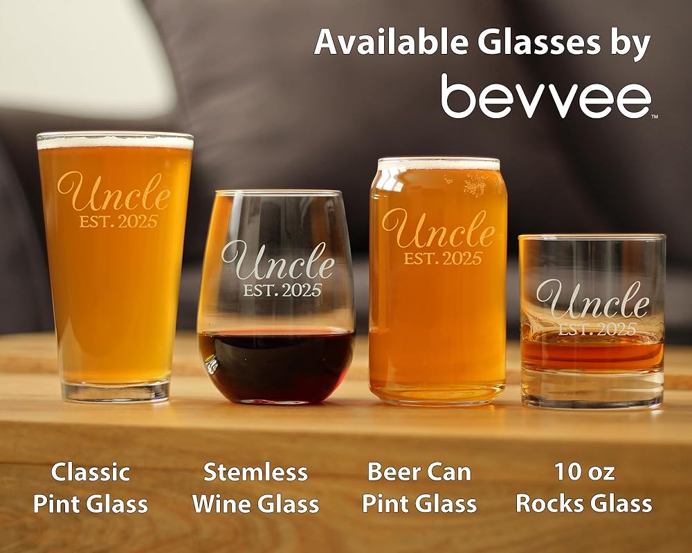 Uncle Est 2025 - Beer Can Pint Glass Gift for First Time Uncles - Decorative 16 Oz Glasses