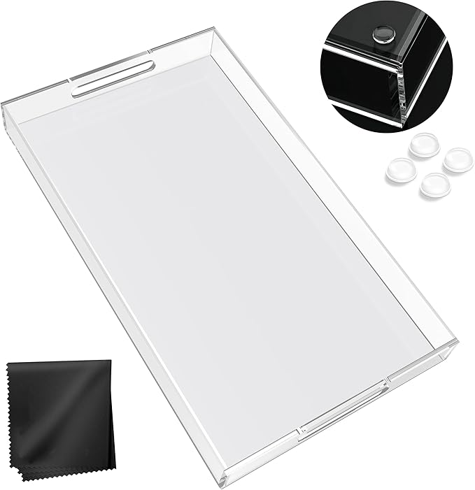 Acrylic Tray 18x14 with Cut Handles - Spill Proof Decorative Tray is an Ideal Countertop Organizer for Living Rooms, Ottoman Coffee Tables, Offices, Kitchens & Serving Guests