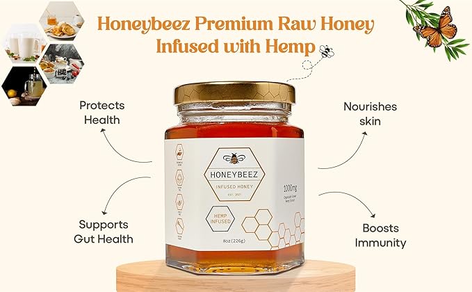 HoneyBeez Premium Raw Honey Infused with Hemp- 32mg per serving (Natural, 8oz)