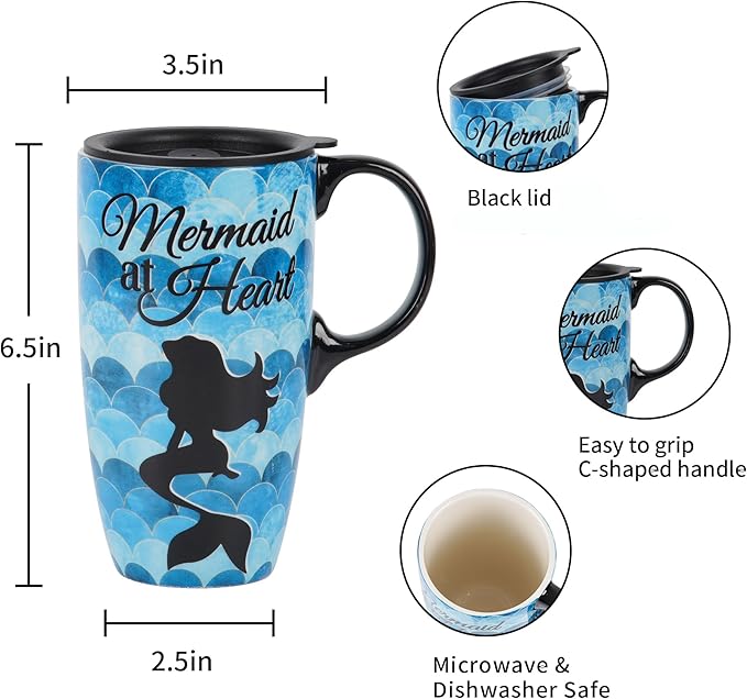 DUSVALLY Ceramic Coffee Mug Travel Cup Gift with Lid 17oz, Tea Cup with Handle for Latte, Cappuccino and Cocoa, Home and Office Porcelain Coffee Cups, Mermaid at Heart