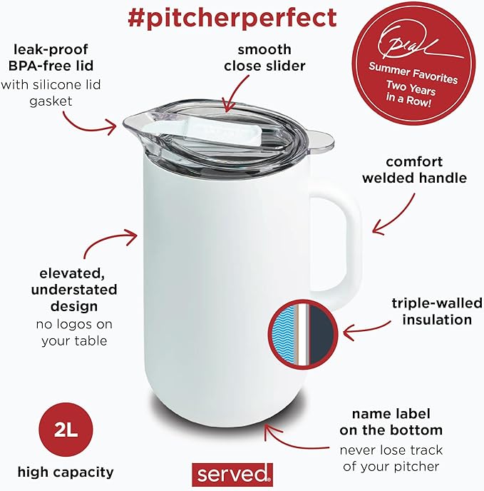 Served Premium Insulated Pitcher (2L/66oz) - Double Walled, Copper Lined Stainless Steel Pitcher with Lid - Vacuum Insulated Carafe for Hot Coffee, Tea, Iced Drinks, Water, Cocktails, and More