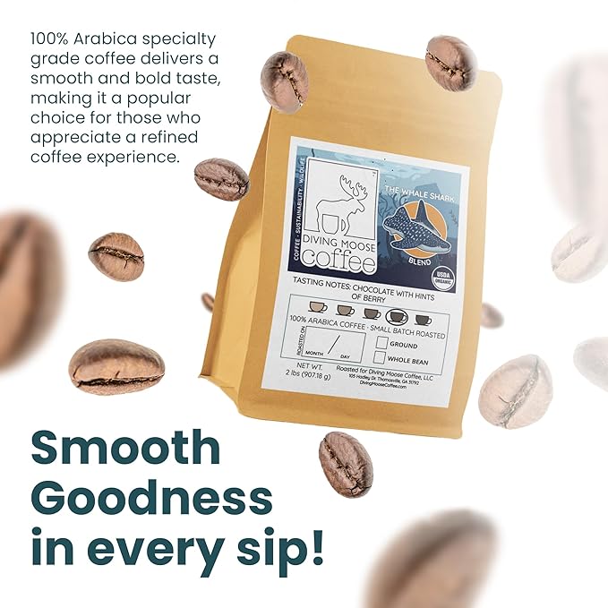 Diving Moose Coffee - The Whale Shark Blend USDA Organic Medium Dark Roast (32oz / 2 LB) - Chocolate Berries Specialty Grade Small-Batch Roasted to Order Smooth Not Bitter