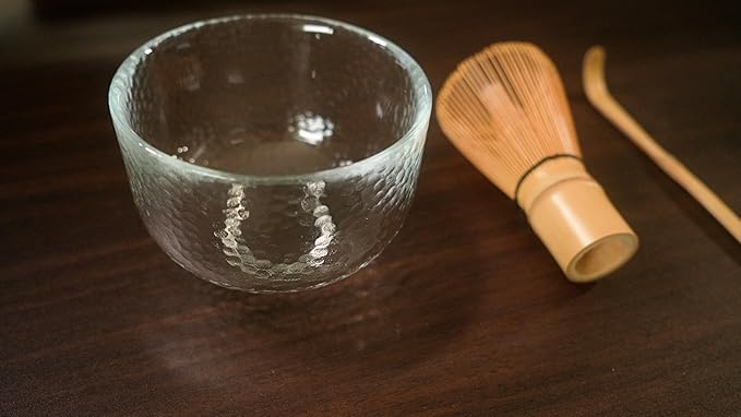 Glass Matcha Bowl 3 Piece Set, Made in Japan, Heavy Duty Hand Made Tokyo-Glass Chawan, Heat and Cold-Resistant, Bamboo Matcha whisk (chasen), Matcha Spoon (chashaku) set