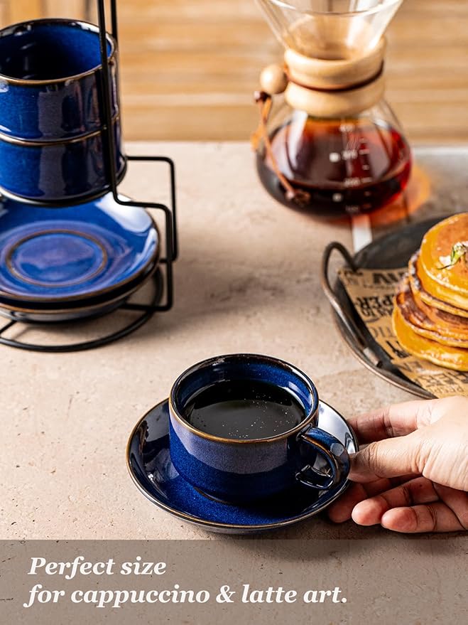 Gomakren 6 Ounce Cappuccino Cups with Saucers and Metal Stand, Stackable Coffee Cup Set of 4, Christmas Porcelain Espresso Cups for Coffee Drinks, Cappuccino, Latte, Americano, Tea, Cobalt Blue