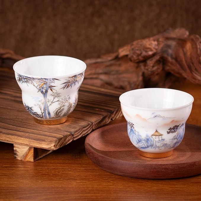 KAMMAK Ceramic Tea Cups Small, Cute Vintage Coffee Cup Set of 2, Porcelain Teacups Espresso Mug, 3.2oz Hand Painted Chinese Afternoon Tea Party Mugs, Birthday Gift for Women Men, Ice Fortune