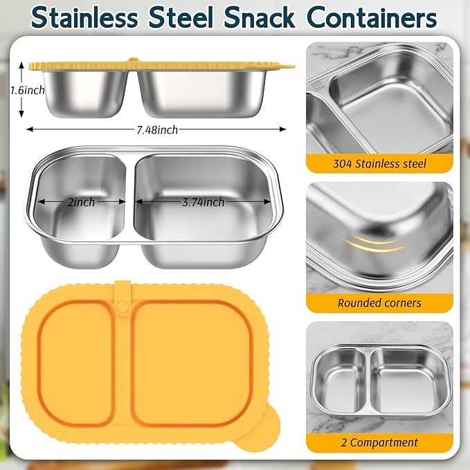 3 Pack Stainless Steel Snack Containers with Silicone Lids, Reusable 2 Compartment Food Storage Containers, Stainless Steel Box for School, Office, Travel
