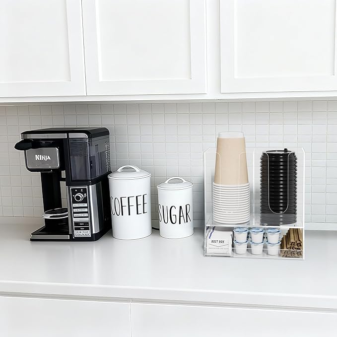 AITEE Acrylic Coffee Station Organizer for Countertop, Holds 20 Cups, All-in-One Coffee Cup and Lid Holder with Condiment Storage for Office Breakroom and Home Kitchen, Clear