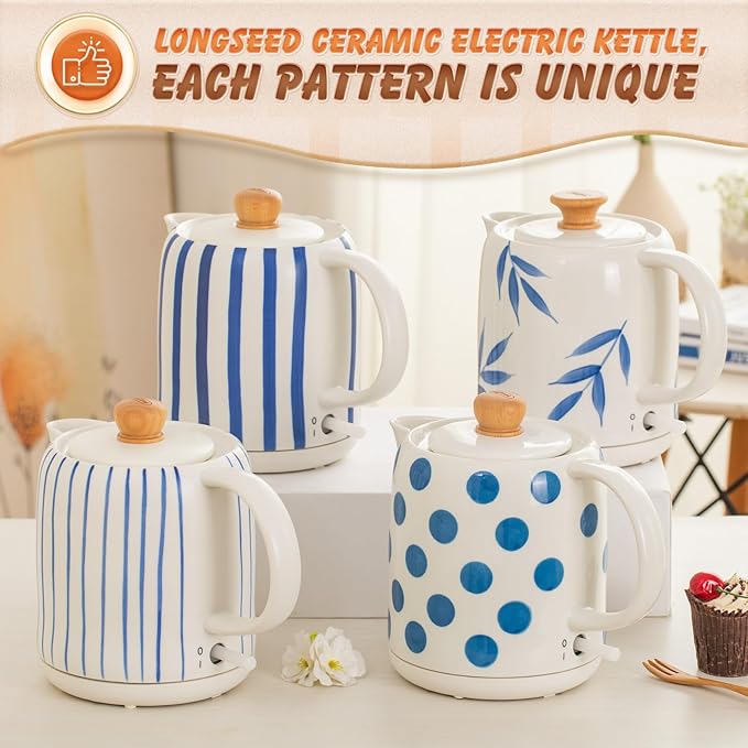 1.0-Liter Ceramic Electric Kettle, 1000W Rapid Boil, Tea Kettles Pot & Hot Water Boiler For Coffee & Tea, Teapot Auto Shut-Off, Boil-Dry Protection