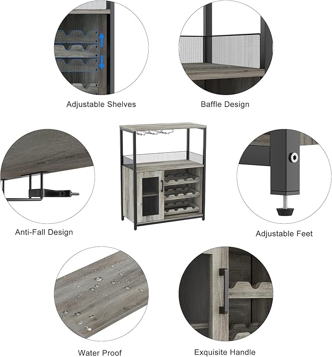GarveeHome 3-Tier Wine Bar Cabinet with LED Lights & Wine Rack, Liquor Cabinet with Storage, Coffee Bar Cabinet with Glass Holder & Mesh Door, Sideboard Buffet Bar for Living Room, Dining Room, Grey