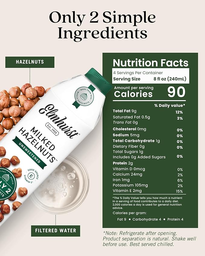Elmhurst 1925 Unsweetened Hazelnut Milk - 32 Ounce (Pack of 6) Dairy-Free, Gluten-Free, Vegan, Kosher, Shelf Stable Milk Made with Water & Hazelnuts for Healthier, Simpler Plant-Based Alternatives