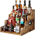 KLM Liquor Bottle Display Shelf, Coffee Syrup Rack Organizer, 4 Step Countertop Liquor Wine Rack, mini bar,liquor cabinet, Home Retro Bar Shelf Stand for Liquor Whiskey, (Brown)