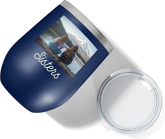 Personalized 12oz (17 Colors) Mother's Day Photo Picture Printed Insulated Stainless Steel Powder Coated Stemless Wine Tumbler with Lid, Customized Gift Idea Her, Coach Gifts Team Mom Dad (Navy Blue)