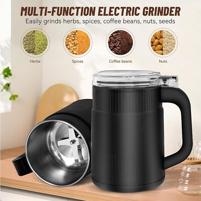 Electric Coffee and Spice Grinder with One-Touch Operation, Clear Lid, for Grinding Coffee Beans, Herbs, Nuts