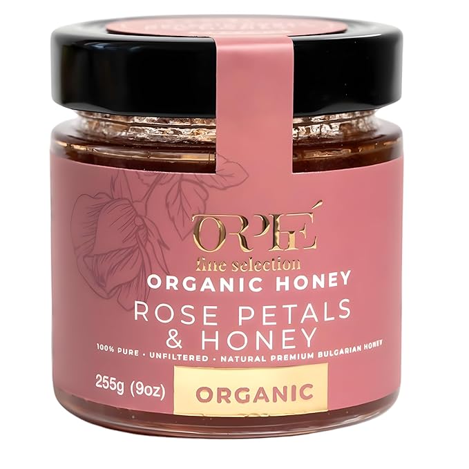ORPHE Organic Honey with Rose Petals – Clean Simple Natural Sweetener for Coffee, Tea, Matcha and Breakfast, Unheated & Creamed 9oz Glass Jar