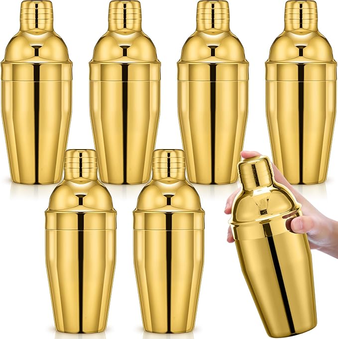 Nitial 6 Pcs Bar Cocktail Shaker Professional Stainless Steel Martini Drink Mixer Built-in Strainer for Bartending No Leaks Shaker for Bar Party Drink Mixer(Gold,11.8 oz)