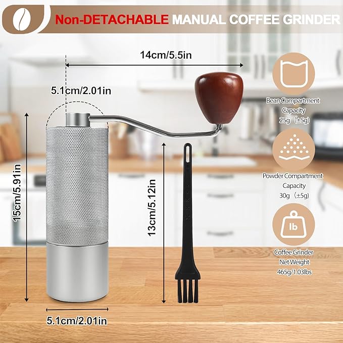 Non-Detachable Manual Coffee Grinder with 25 Level Stainless Steel Conical Burr Portable Aluminum Coffee Bean Grinder Suitable for Moka Pot Espresso French Press Pour Over Easy Cleaning with Brush