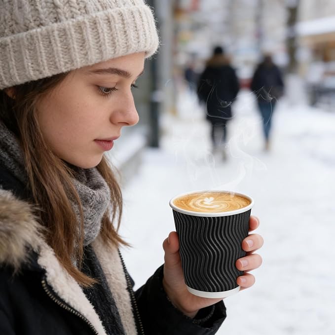Lamosi Disposable Coffee Cups 10 OZ 100 Pack, Paper Coffee Cups 10 OZ for Hot Drinks or Cold Beverages, Insulated Corrugated Ripple Wall Cup No Lids for Office, Cafe, Home or Travel (Black)
