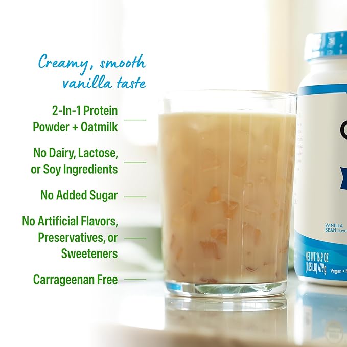 Orgain Organic Vegan Protein Powder + Oat Milk, Vanilla Bean - 20g Plant Based Protein, Gluten Free, No Dairy, Soy or Lactose Ingredients, Low Sugar, Non-GMO, Kosher, For Shakes & Smoothies - 1.05lb