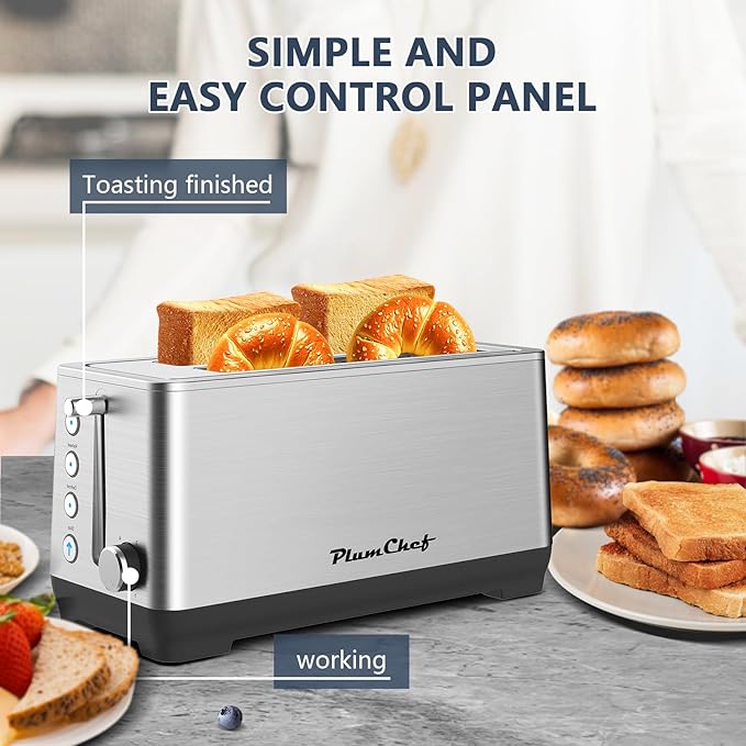4-Slice Toaster, Extra Wide Long Slot Toaster, 6 Browning Settings, Bagel/Defrost/Reheat Functions, Removable Crumb Tray, Stainless Steel Housing (Stainless Steel)