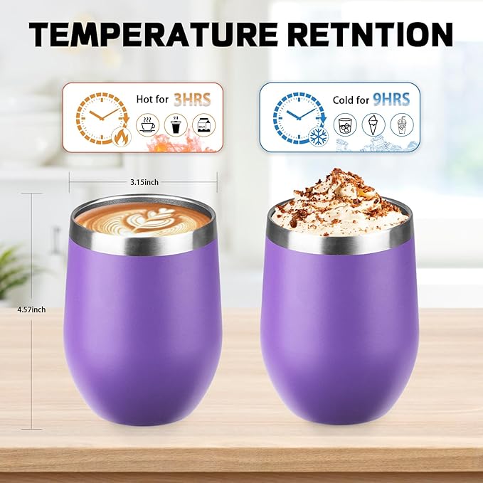 StarSpeed 12oz/6 Pack Wine Tumbler with lid, Stainless Steel Travel Mugs Stemless Double Wall Insulated Coffee Cup, Insulated Wine Glasses Travel Tumbler for Cold & Hot Drinks(Purple, 6)