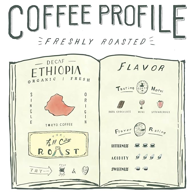 TOKYO COFFEE Ethiopia Moka Organic Decaf Coffee Beans - 12 oz Medium Dark Roast Whole Bean - Smooth & Bold Flavor, Mountain Water Decaffeinated