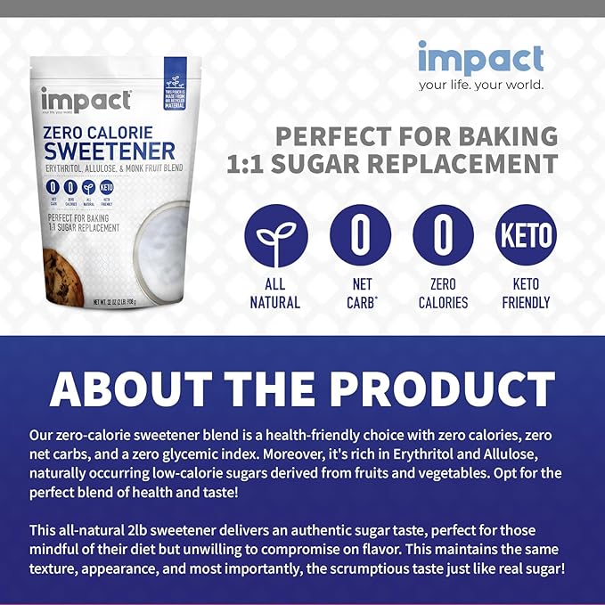 Impact Allulose, White Monk Fruit & Erythritol Sweetener Blend - Gluten Free, Zero Calories, Keto, Vegan, Non-GMO - 1 is to 1 Sugar Substitute - 2lbs