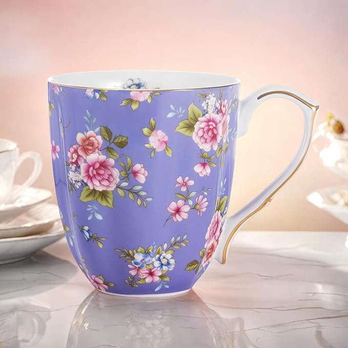 13oz Bone China Floral Mug with Gold Bone China Coffee Mugs Bone Teacup Christmas Mugs Birthday Gifts for Women Mom Friends Coworker