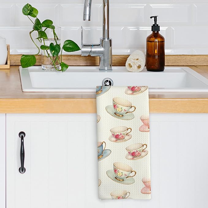 Vintage Spring Floral Teacups Kitchen Dish Towels, Retro French Garden Tea Lover Gifts, Coffee Cup Kitchen Decor, Roses Flower Hand Towels Kitchen Tea Towels Decorations, 16x24inch