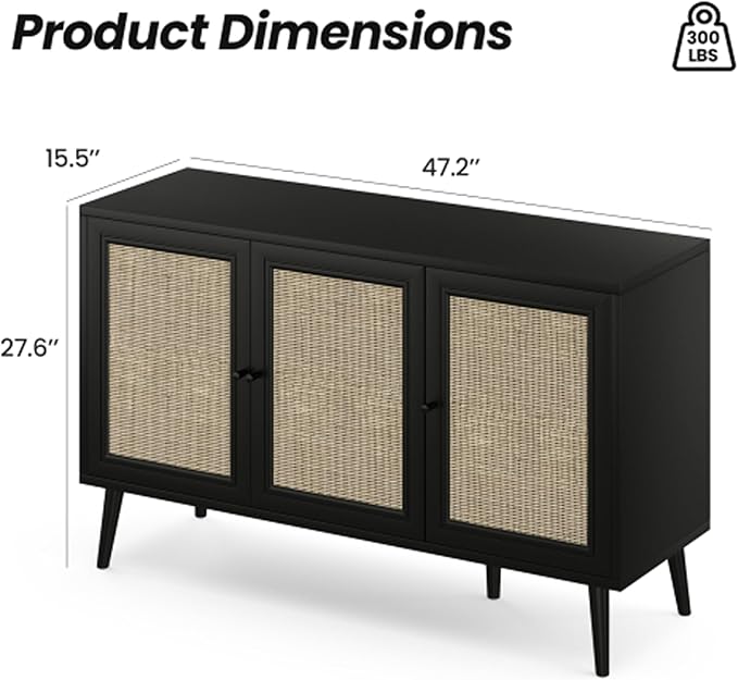 47.2" Buffet Cabinet with Storage Accent Sideboard, Modern Kitchen Cabinet with Rattan Doors, Wood Coffee Bar Table Console for Kitchen Living Room Entryway, Black