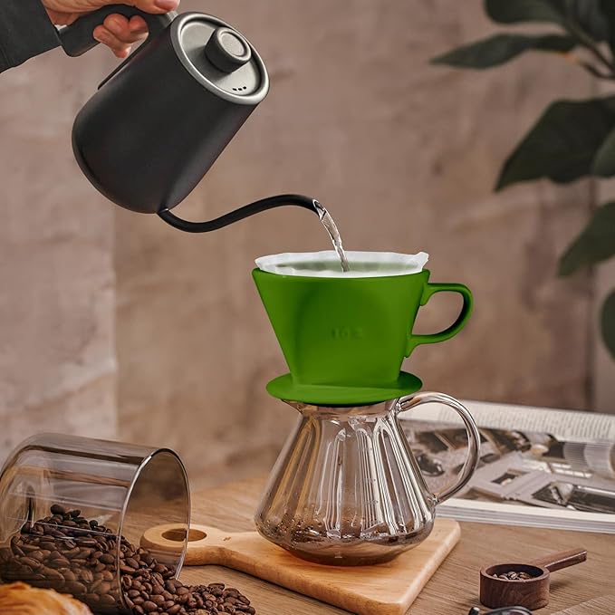Handmade Pour Over Ceramic Coffee Dripper - Authentic Brewing Experience for Camping, Office, and Home (Dark green)
