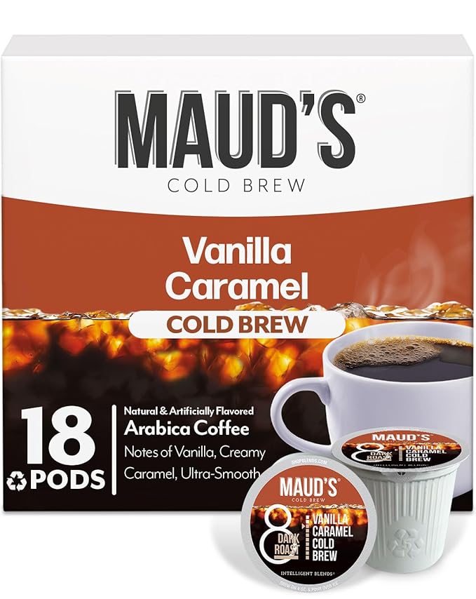 Maud's Vanilla Caramel Flavored Cold Brew Coffee Pods, 18 ct, Dark Roast Flavored Coffee in Recyclable Single Serve Pods – 100% Arabica Beans, Compatible with Keurig K Cups Maker