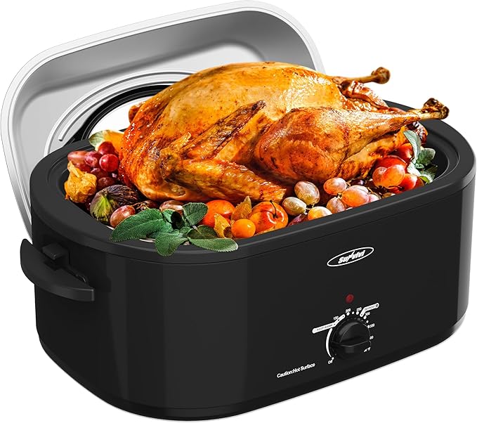 Sunvivi Electric Roaster, 26 Quart Electric Roaster Oven with Self-Basting Lid, Turkey Roaster Oven Buffet with Removable Pan, Cool-Touch Handles, Black