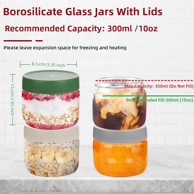 10oz Borosilicate Glass Jars with Lids - Freezer to Oven Safe(-4°F to 446°F), Airtight Meal Prep Containers for Overnight Oats, Snacks, Coffee, Microwave & Dishwasher Safe (6pack)