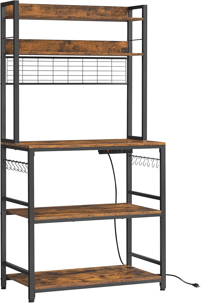 VASAGLE Bakers Rack with Power Outlet, Microwave Stand, Kitchen Tall Utility Storage Shelf, with Metal Wire Panel, 14 Hooks, 15.7 x 31.5 x 66.9 Inches, Rustic Brown and Ink Black UKKS025B01