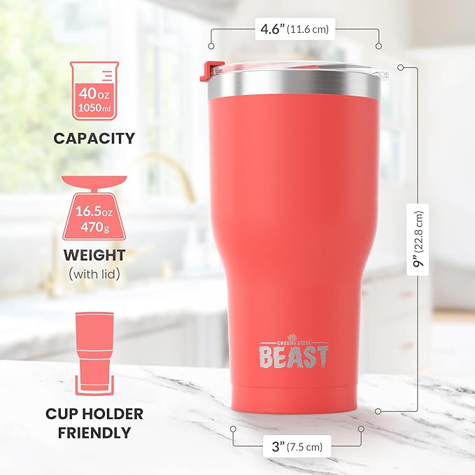 Beast 40 oz Tumbler Stainless Steel Vacuum Insulated Coffee Ice Cup Double Wall Travel Flask (Coral Pink)