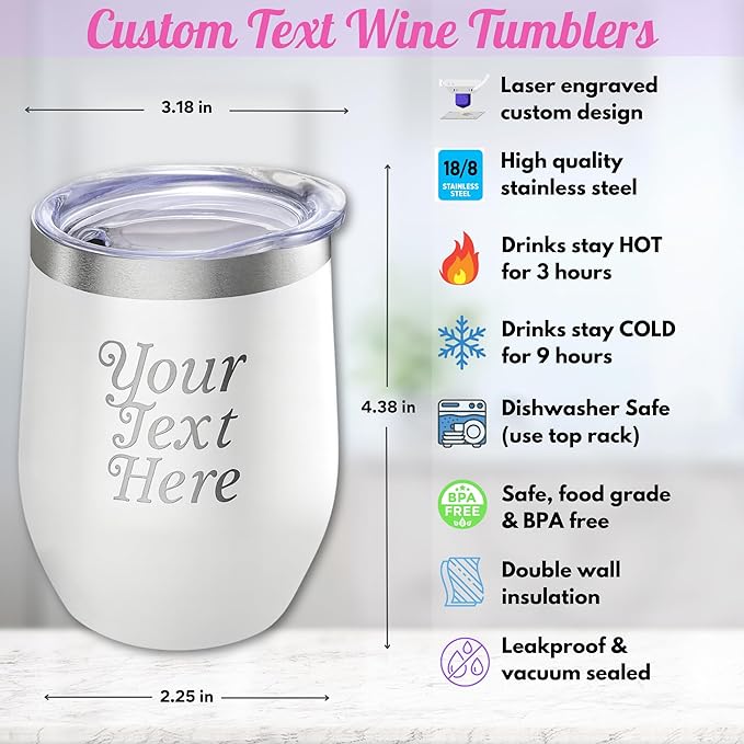 Gifts Inscribed Personalized Wine Tumbler with Lid – White Custom Text Engraved Stainless Steel Insulated Mug for Hot & Cold Drinks – Customized Bridesmaid, Wedding, or Birthday Gift