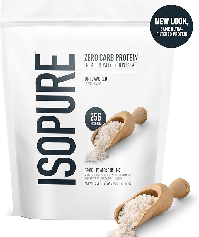 Isopure Zero Carb 100% Pure Whey Isolate Protein Powder, Lactose Free, Gluten Free, with Vitamins, Unflavored, 25g Protein Per Serving, 1 Lb, 16 Servings (Packaging May Vary)