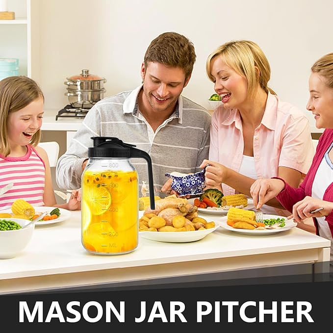 Glass Pitcher with Lid, 32 oz Glass Mason Jar Pitcher with Lid, Heavy Duty Wide Mouth Jar with Lid,Heavy Duty Container for Sun Tea, Juice, Cold Brew Coffee, Breastmilk Storage (Black)