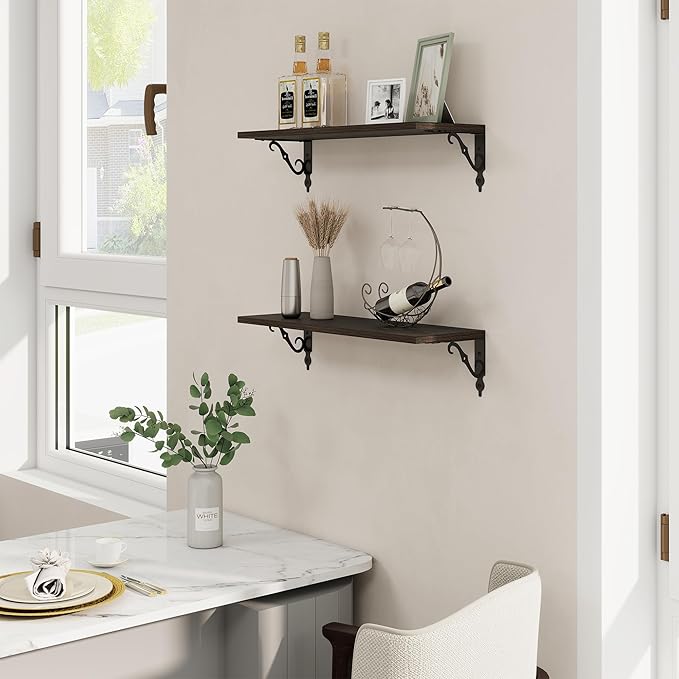 RICHFOCUS Floating Shelves for Wall Decor, 24Inch Shelves Set of 2, 24W x 8D Black Floating Shelves Wall Mounted with Metal Brackets, Rustic Wood Shelves for Living Room Bedroom Kitchen