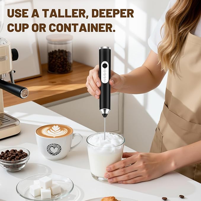 BEoffer Milk Frother Handheld Rechargeable 2000mAH Power Frother Wand Electric Foam Maker with 2 Stainless Whisks 3 Speeds Drink Mixer Coffee Frother for Latte, Cappuccino, Matcha (01 Black)