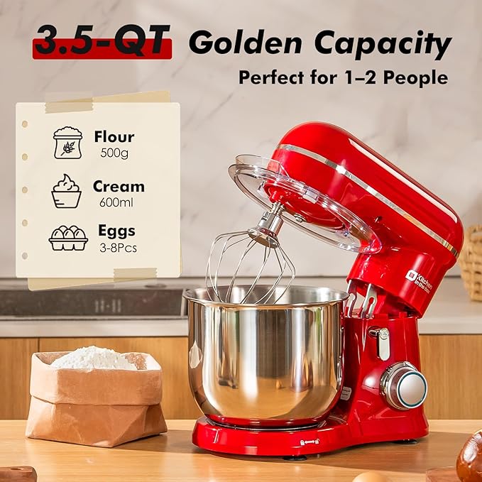 Kitchen in the Box Stand Mixer, 3.5 QT Small Kitchen Electric Stand Mixers, 10-Speed Portable Lightweight Dough Mixer for Daily Use with Egg Whisk, Dough Hook, Beater (Red)